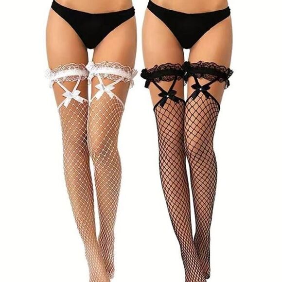 Rhinestone Garter Bow Lace Trim Fishnet Thigh Highs-A - Picture 2 of 3